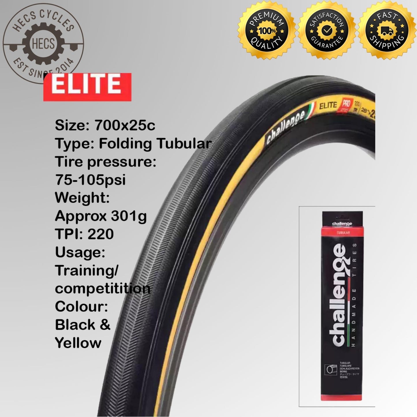 CHALLENGE Elite 700x25C Road Bike Tire Yellow Sidewall Puncture Resistant Tubular Tire