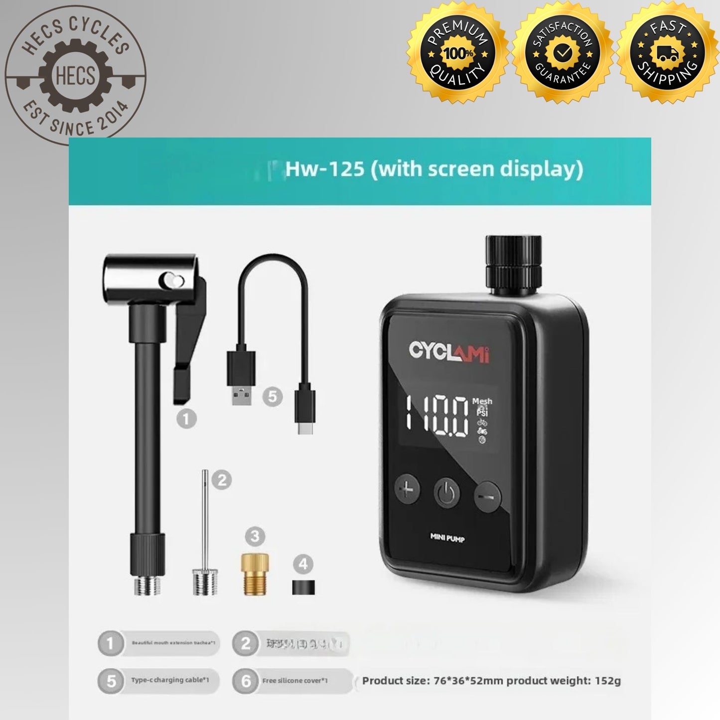 Cyclami Mini Electric Air Pump Portable HW139 Smart Screen Display High Pressure Inflation Pump Universal For Road Bicycles