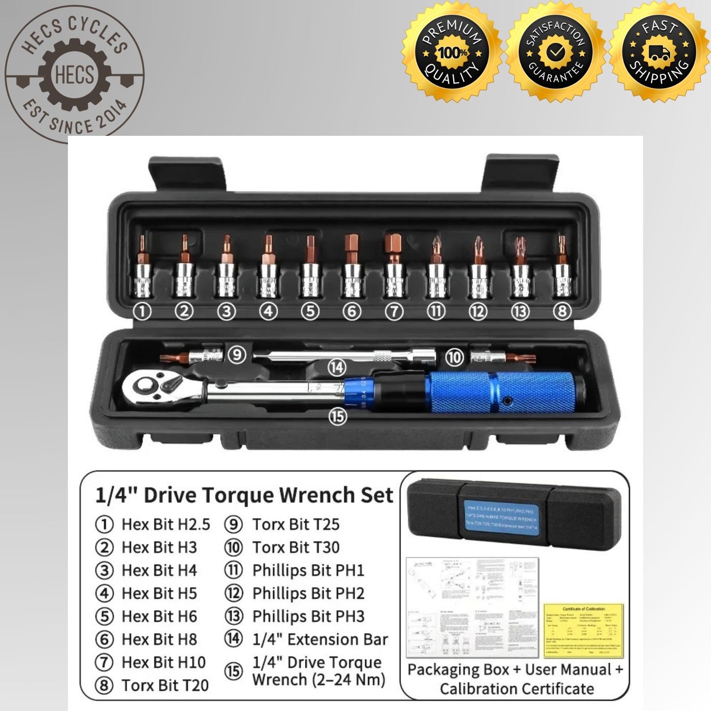 MUQZI 15PCS Bike Torque Wrench Set – 1/4 Inch Drive with Bit Sockets for MTB, Road & Folding Bicycle Maintenance