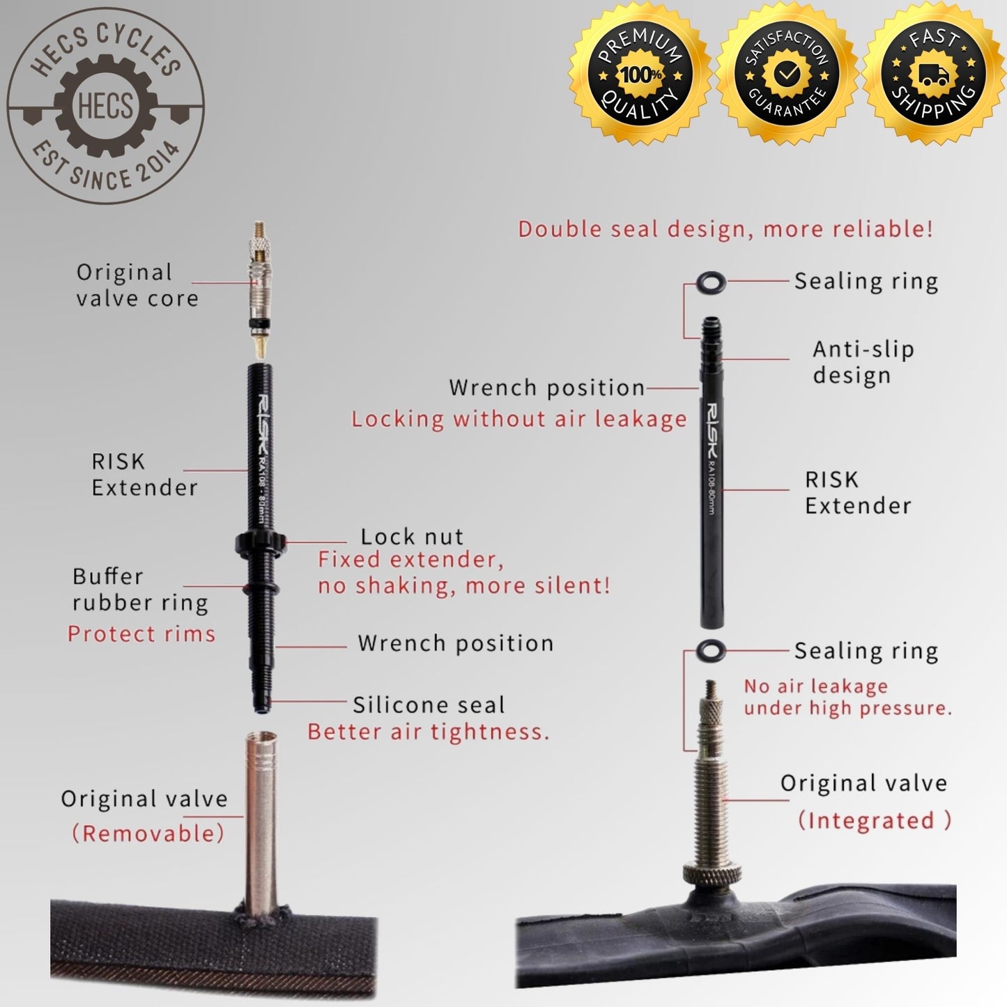 RISK Aluminium Presta Valve Extender Set (45mm / 80mm) with Core Remover Tool – Removable Inner Tube Extension Kit