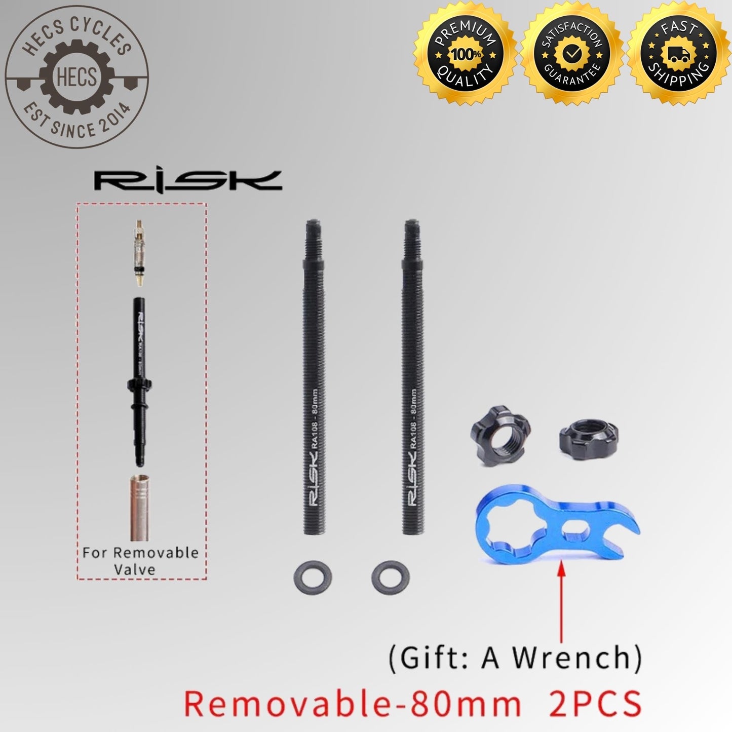 RISK Aluminium Presta Valve Extender Set (45mm / 80mm) with Core Remover Tool – Removable Inner Tube Extension Kit