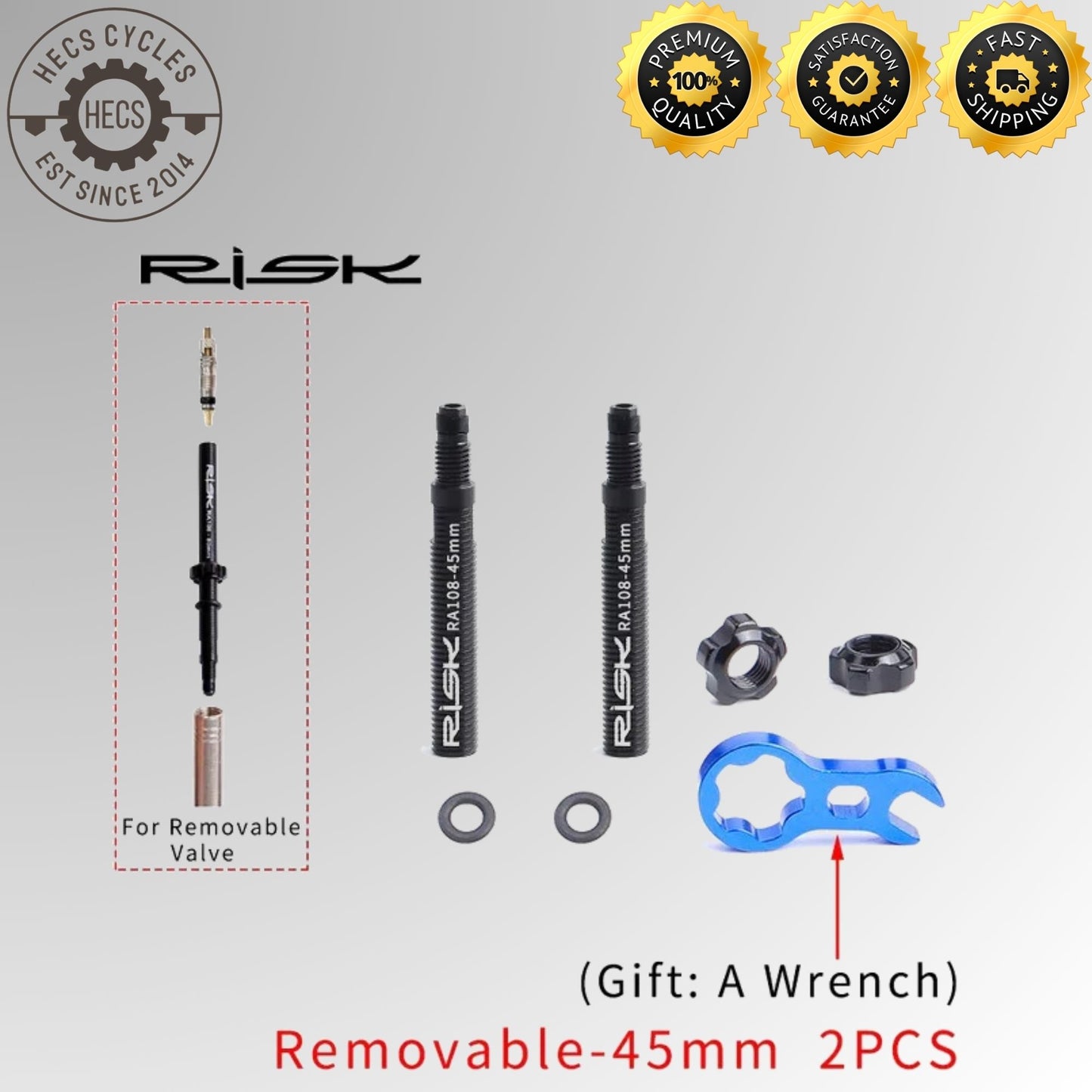 RISK Aluminium Presta Valve Extender Set (45mm / 80mm) with Core Remover Tool – Removable Inner Tube Extension Kit