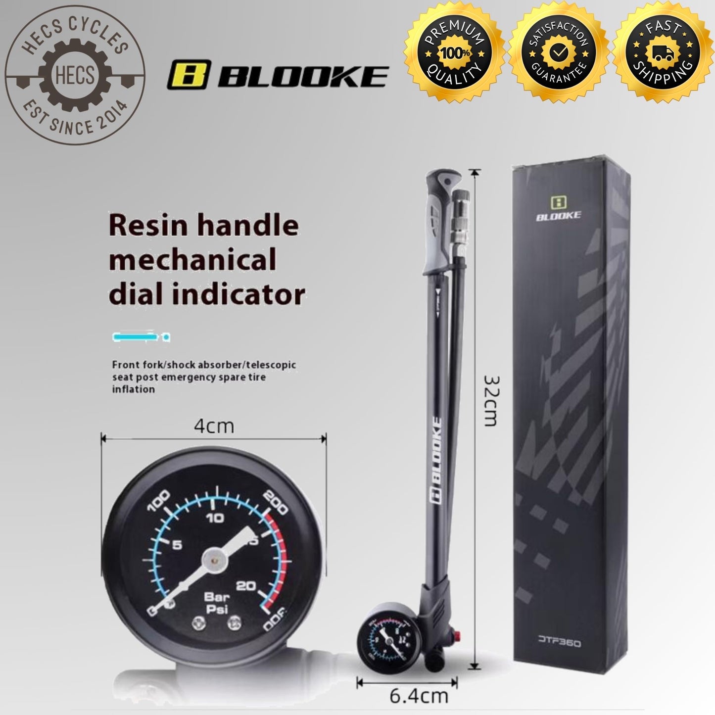 BLOOKE 300PSI High-Pressure Shock Pump with Gauge for Bicycle Forks, Rear Suspension, and Tyres