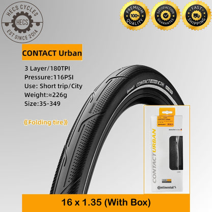 Continental Contact Urban 16x1.35 (35-349) Folding Tyre 180 TPI SafetyPro Puncture Protection for Brompton & BMX Bikes