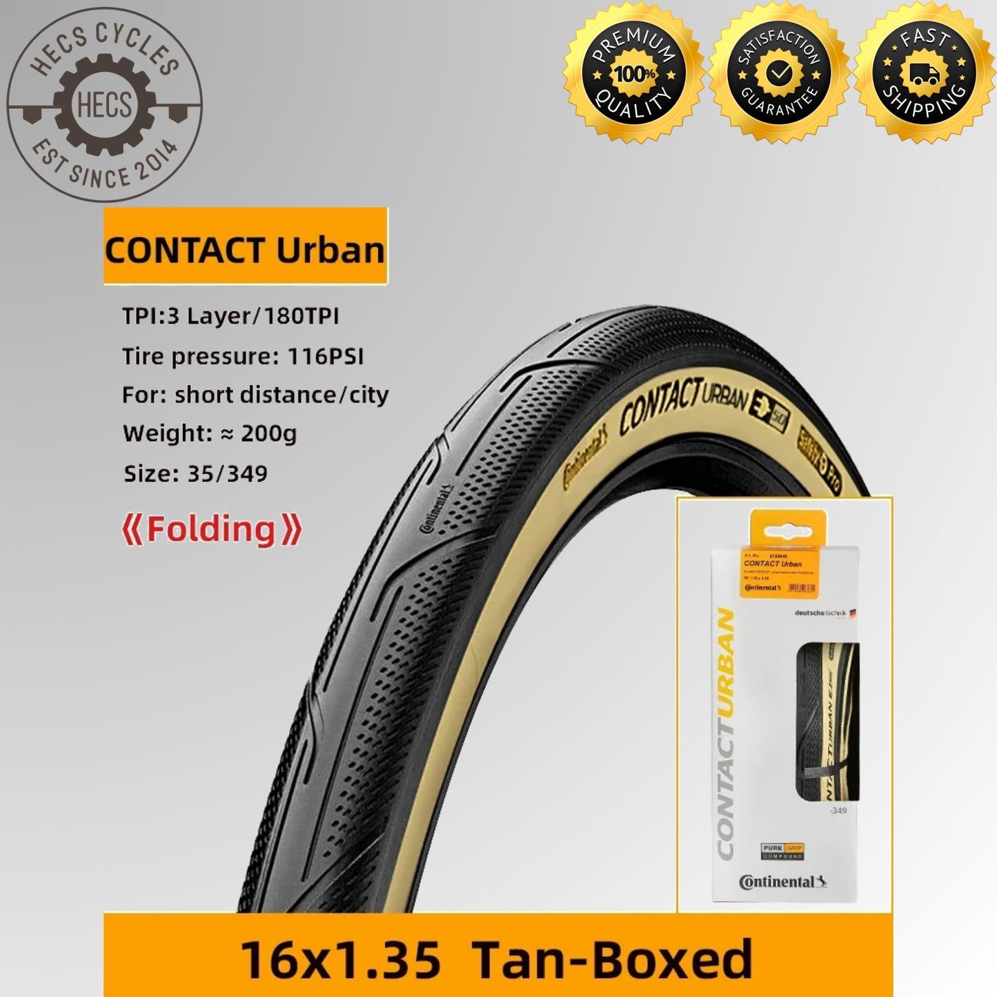 Continental Contact Urban 16x1.35 (35-349) Folding Tyre 180 TPI SafetyPro Puncture Protection for Brompton & BMX Bikes