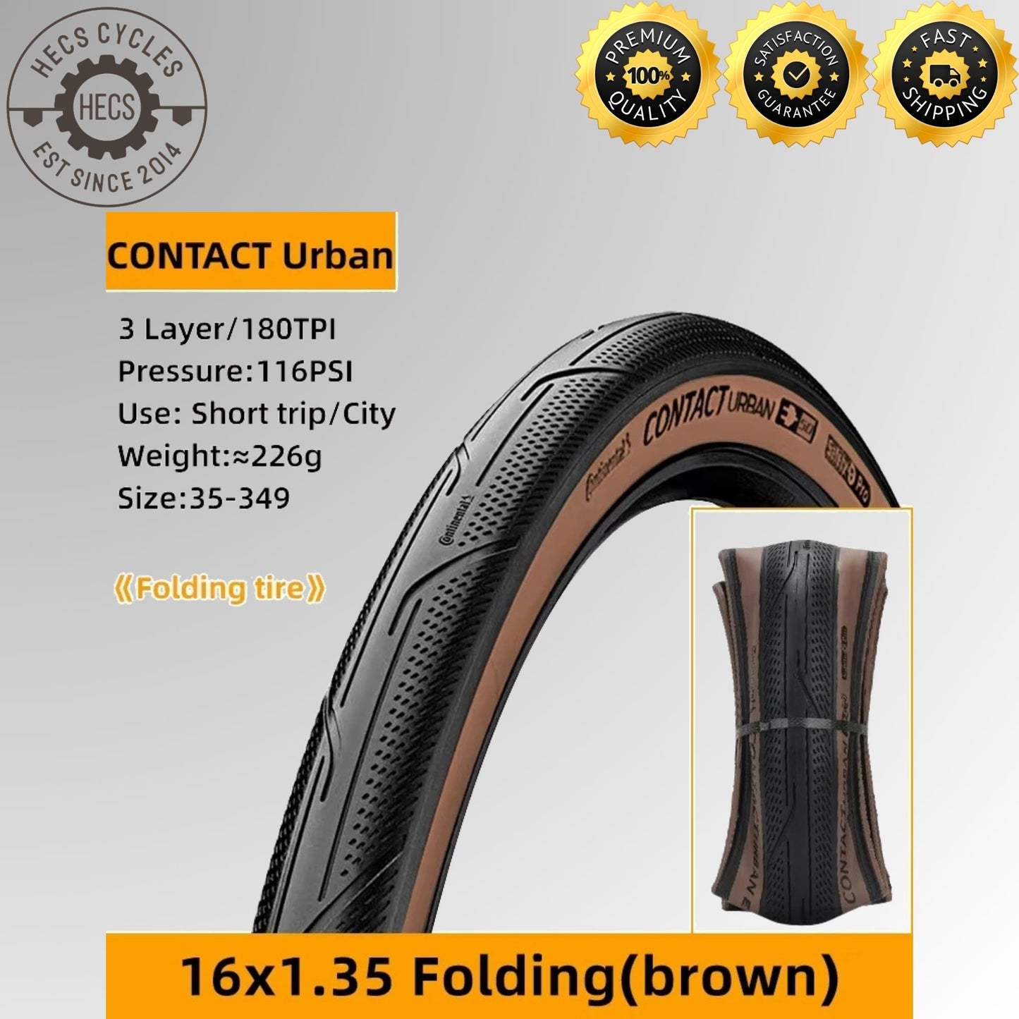 Continental Contact Urban 16x1.35 (35-349) Folding Tyre 180 TPI SafetyPro Puncture Protection for Brompton & BMX Bikes