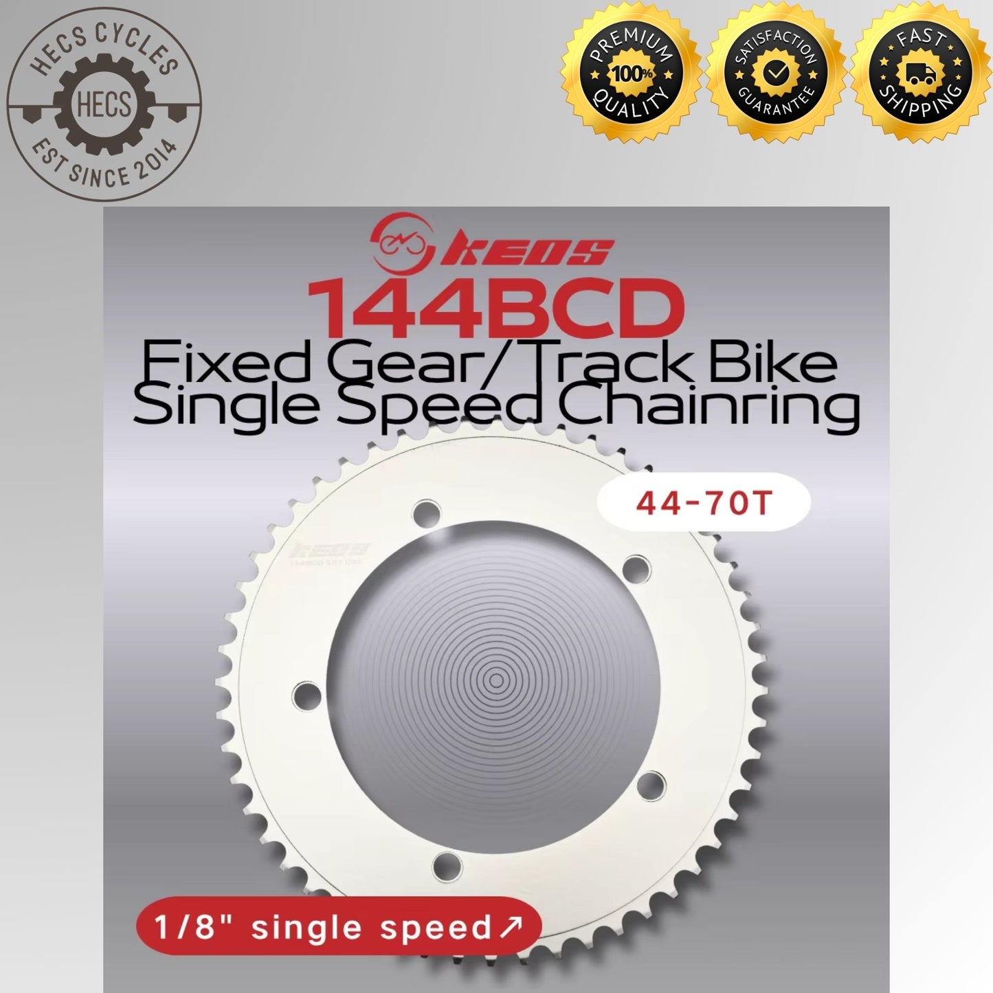 KEOS 144BCD Fixed Gear Track Chainring CNC Aluminium Single Speed 44T–70T Black/Silver
