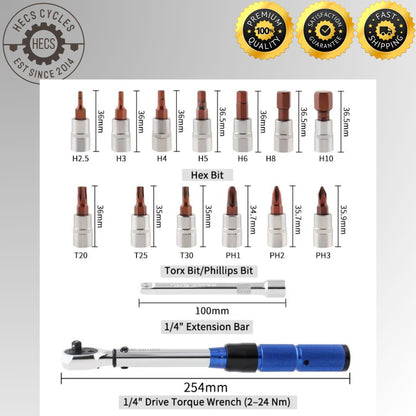 MUQZI 15PCS Bike Torque Wrench Set – 1/4 Inch Drive with Bit Sockets for MTB, Road & Folding Bicycle Maintenance