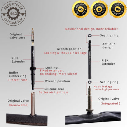 RISK Aluminium Presta Valve Extender Set (45mm / 80mm) with Core Remover Tool – Removable Inner Tube Extension Kit