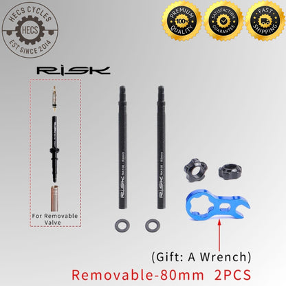 RISK Aluminium Presta Valve Extender Set (45mm / 80mm) with Core Remover Tool – Removable Inner Tube Extension Kit