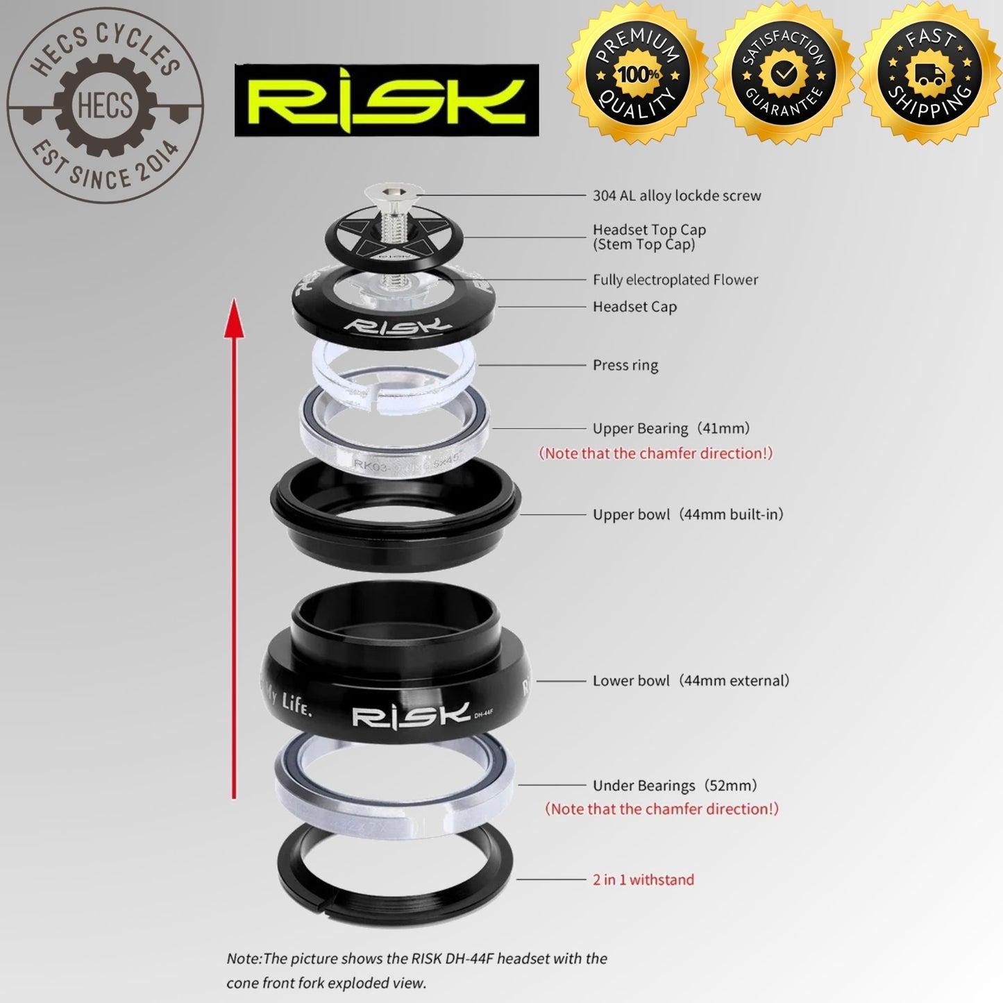 RISK MTB Road Bicycle Headset 34/41/41.8/44/49.7/50.6/55/56mm for Bike 1-1/8" 1.25" 1.5" Straight Tapered Fork
