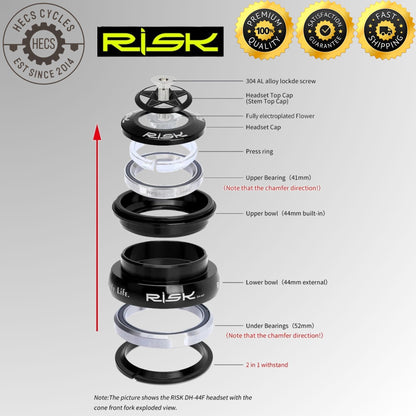 RISK MTB Road Bicycle Headset 34/41/41.8/44/49.7/50.6/55/56mm for Bike 1-1/8" 1.25" 1.5" Straight Tapered Fork