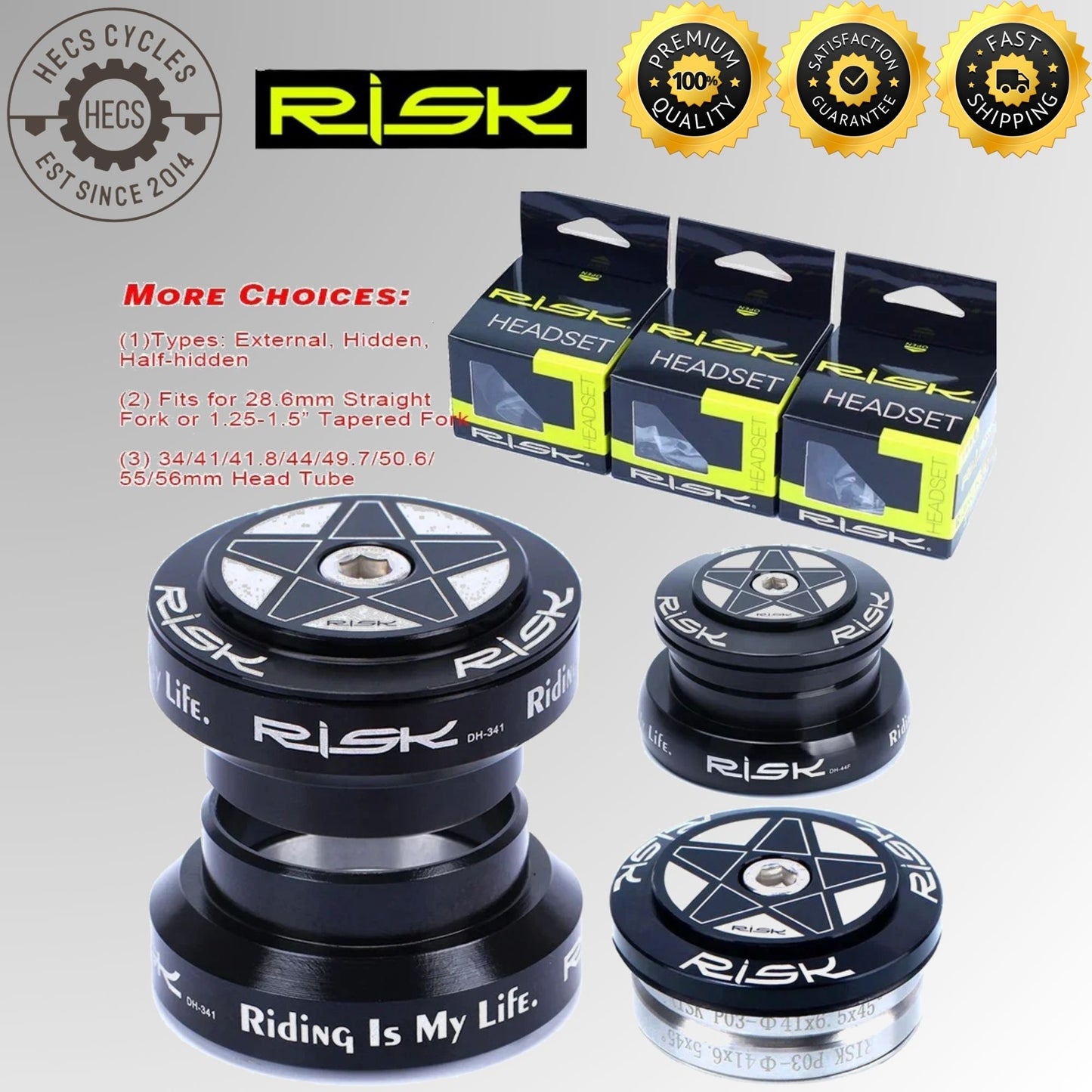 RISK MTB Road Bicycle Headset 34/41/41.8/44/49.7/50.6/55/56mm for Bike 1-1/8" 1.25" 1.5" Straight Tapered Fork