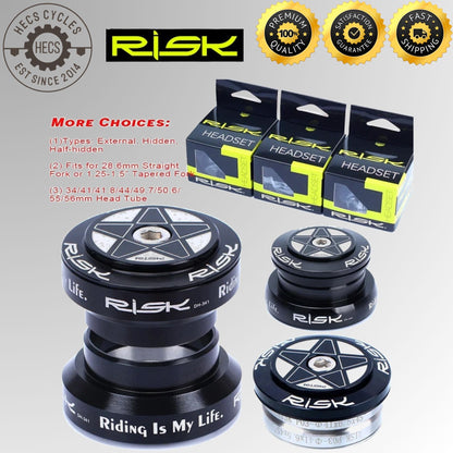 RISK MTB Road Bicycle Headset 34/41/41.8/44/49.7/50.6/55/56mm for Bike 1-1/8" 1.25" 1.5" Straight Tapered Fork