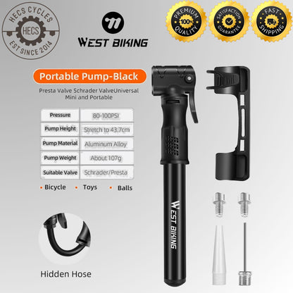 WEST BIKING Mini Bike Pump Portable Aluminium Alloy Bicycle Tyre Pump Presta Schrader Valve MTB Road Cycling Inflator