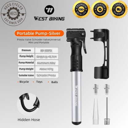 WEST BIKING Mini Bike Pump Portable Aluminium Alloy Bicycle Tyre Pump Presta Schrader Valve MTB Road Cycling Inflator